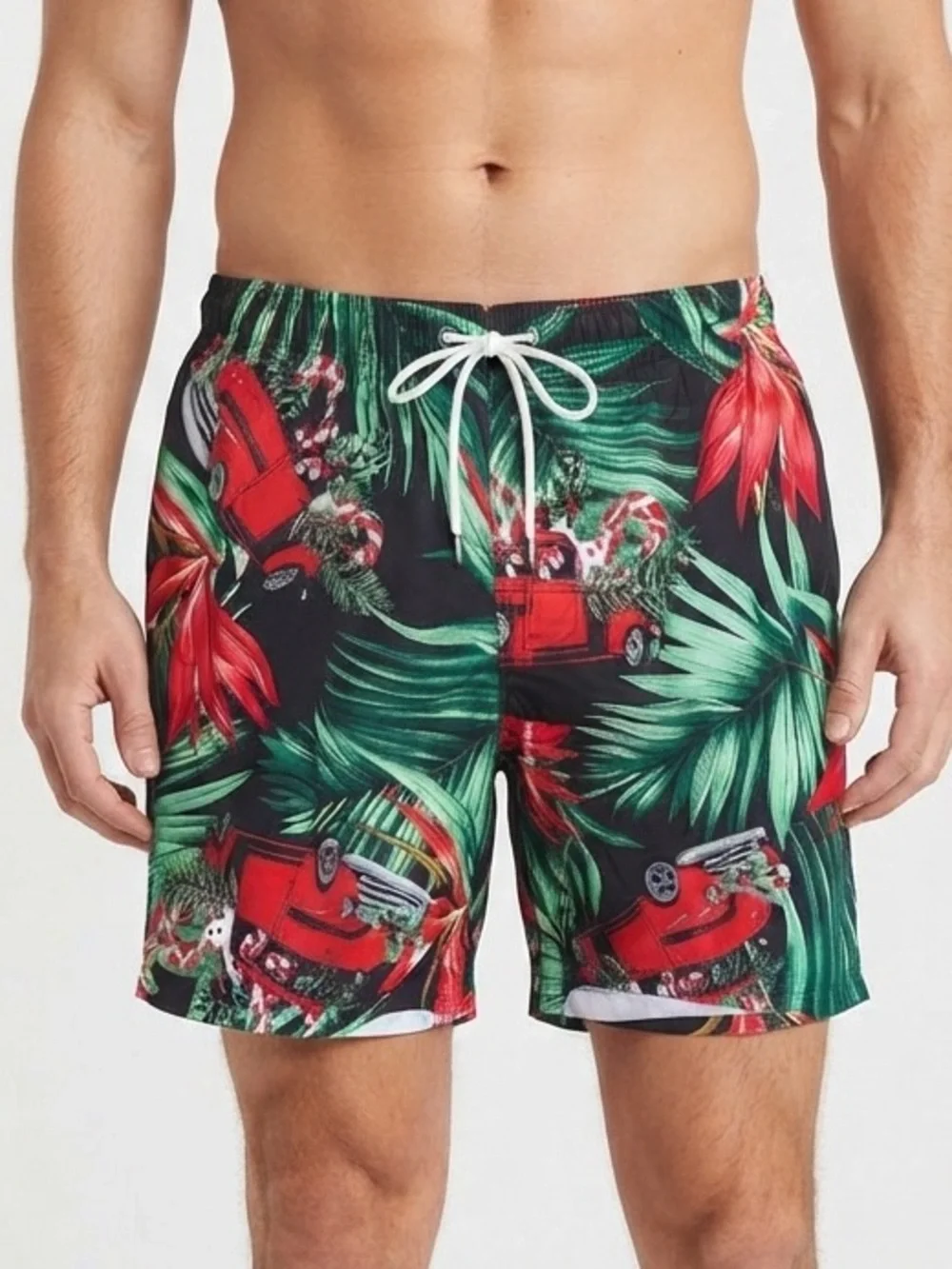Island Shores NWT Tropical Red Truck Christma Palm Print Swim Shorts Size L